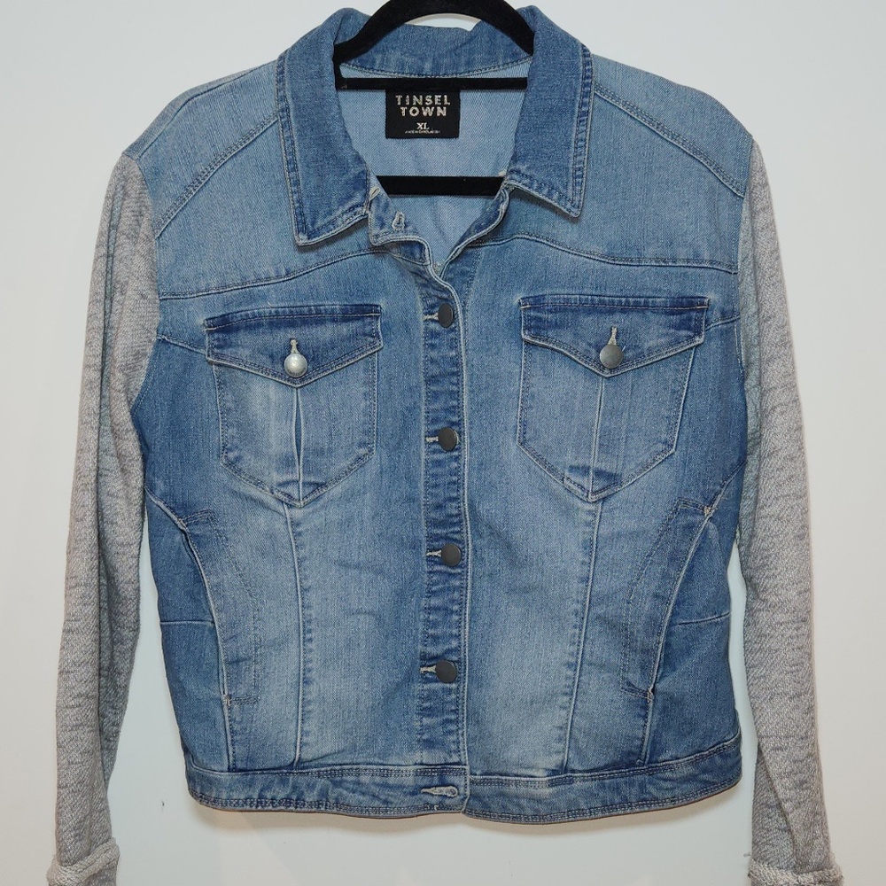 Tinseltown Denim Jacket with Knit Sleeves – Size XL